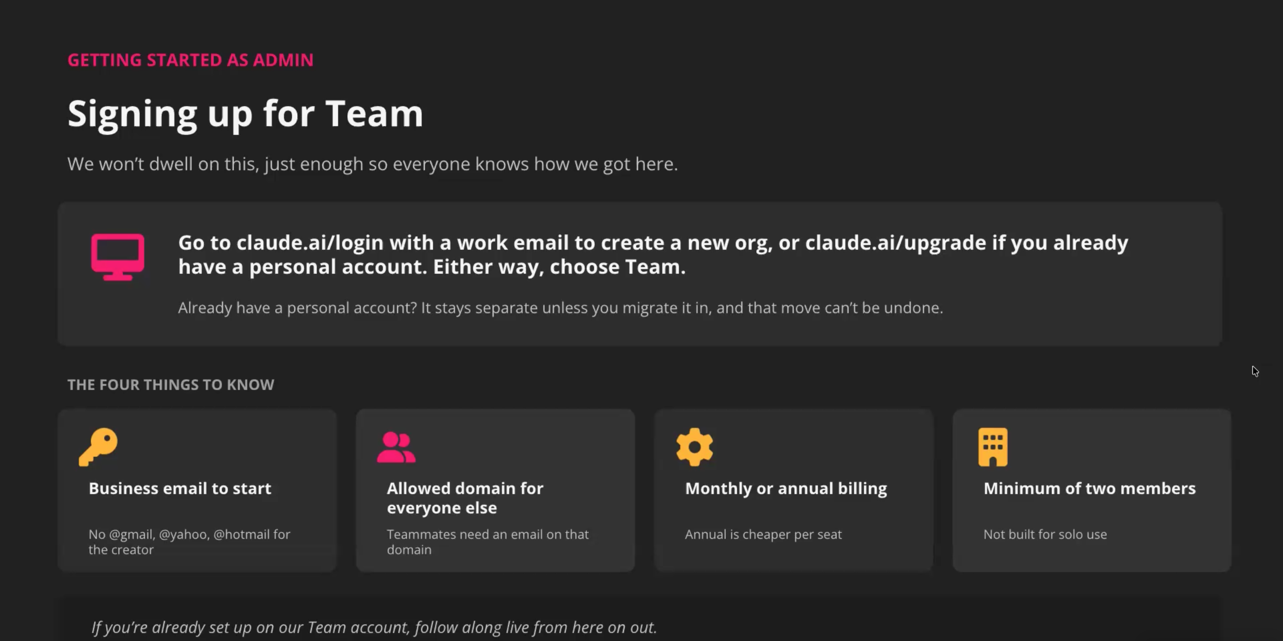 Slide listing the four things to know when signing up for Claude Team: business email to start, allowed domain for everyone else, monthly or annual billing, and a minimum of two members